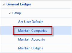 The Maintain Companies screen on the Treeview menu