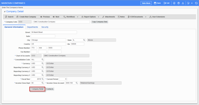 The Company Detail button on the Maintain Companies screen