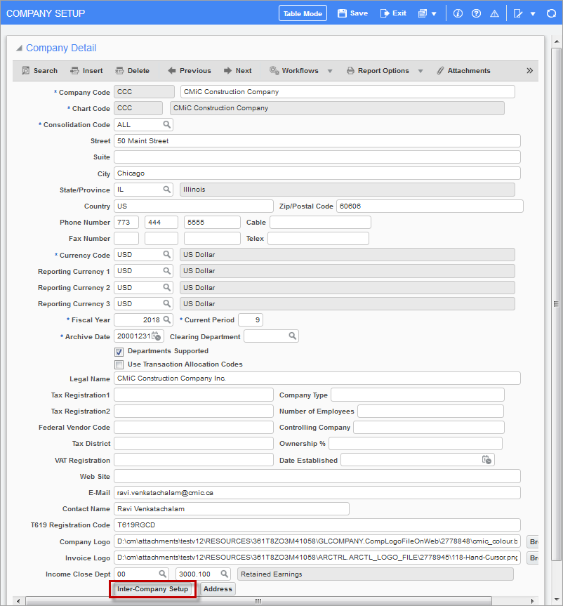The [Inter-Company Setup] button on the Company Detail pop-up window