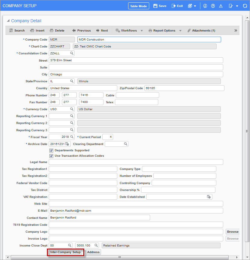 The [Inter-Company Setup] button on the Company Detail pop-up window