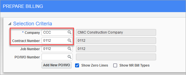 Example of the Prepare Billing screen in Job Billing