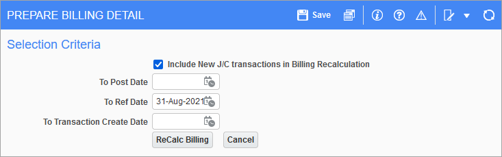 Example of the Prepare Billing Detail pop-up window