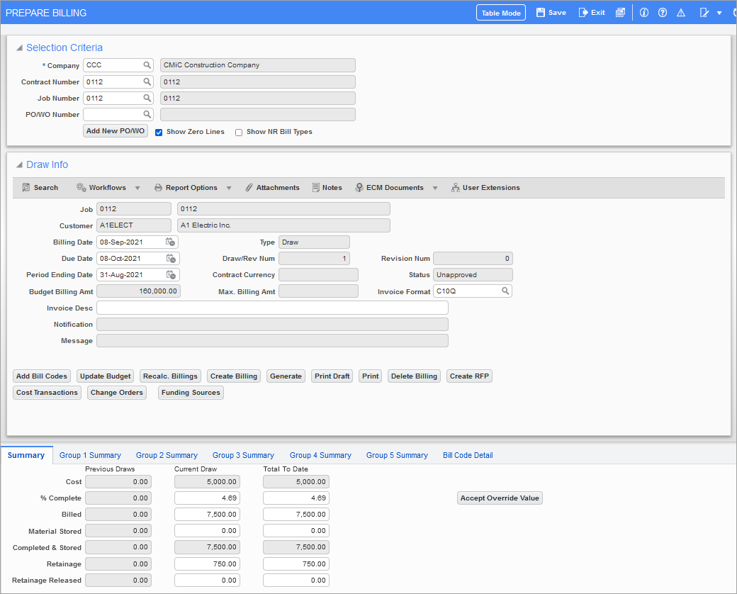 Example of the Prepare Billing screen in Job Billing