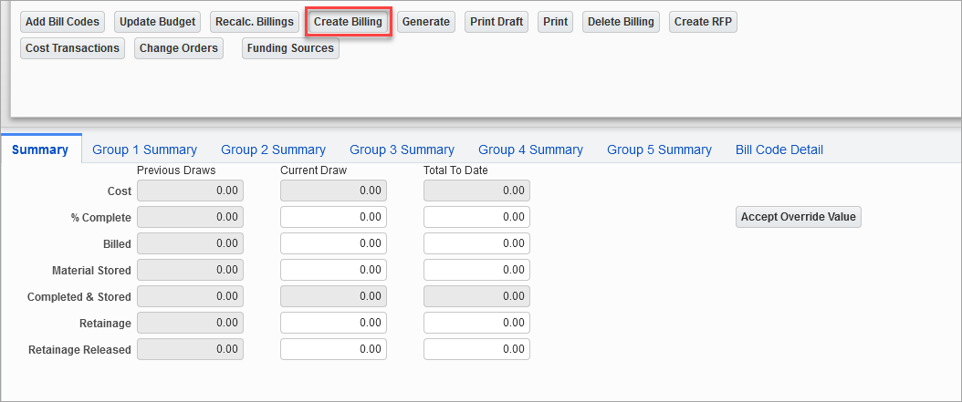 Example of the Create Billing button on the Prepare Billing screen
