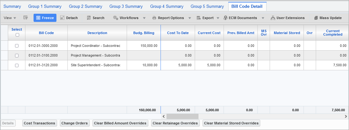 Example of the Bill Code Detail tab in Prepare Billing