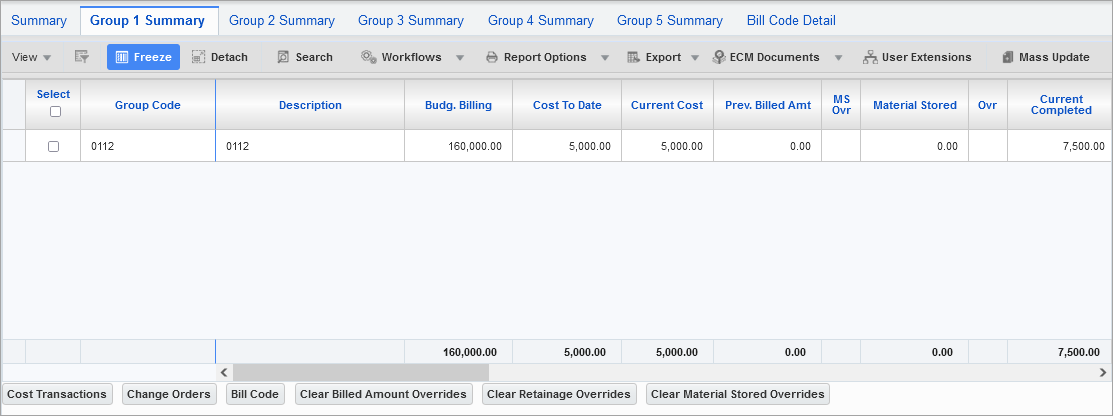 Example of the Group 1 Summary tab in Prepare Billing