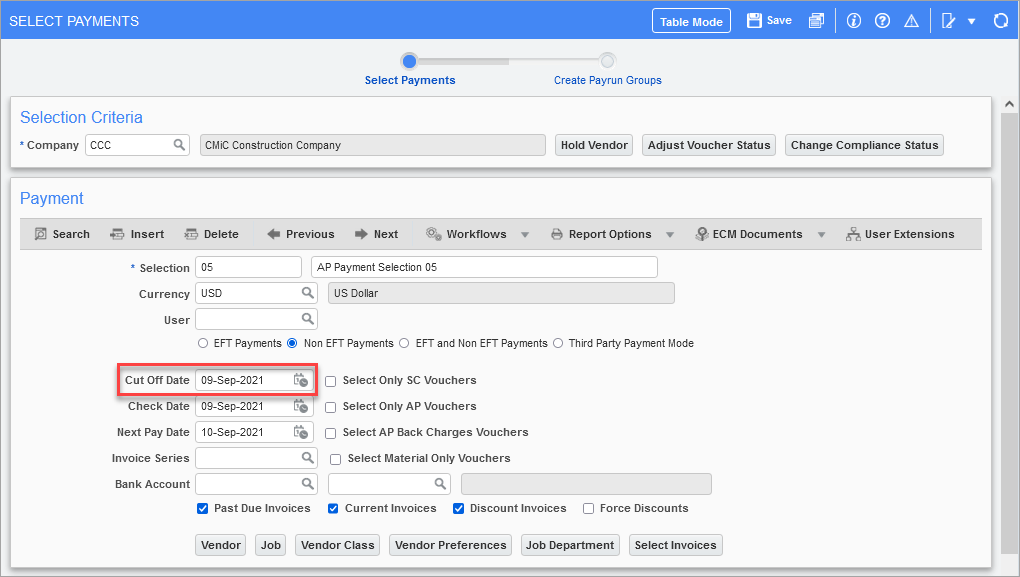Example of the Select Payments screen
