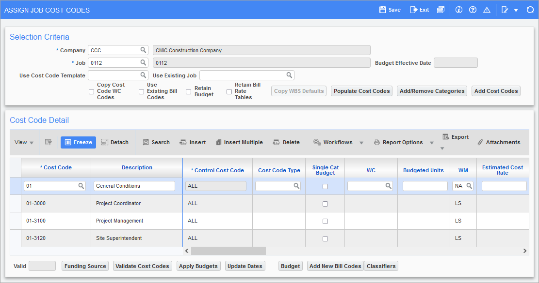 Sample of the Assign Job Cost Codes screen