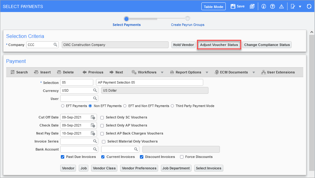 Example of the the Adjust Invoice Status button on the Select Payments screen