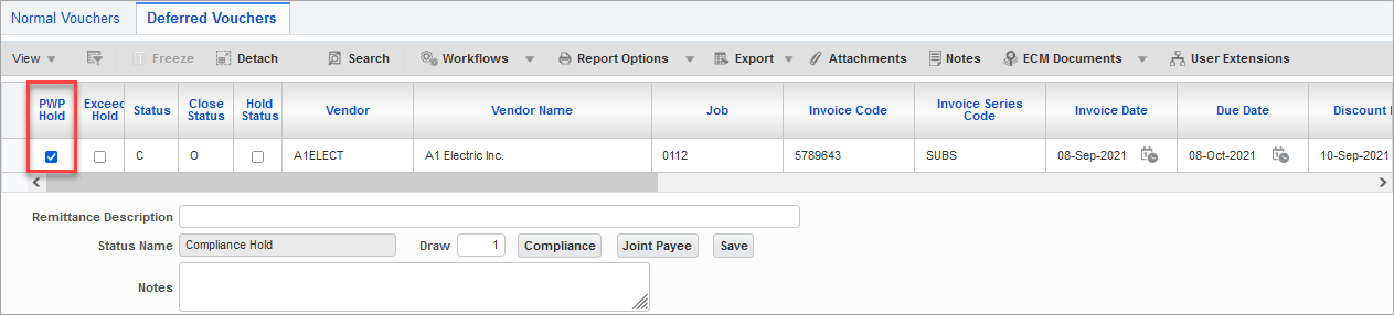 Example of the Deferred Vouchers tab