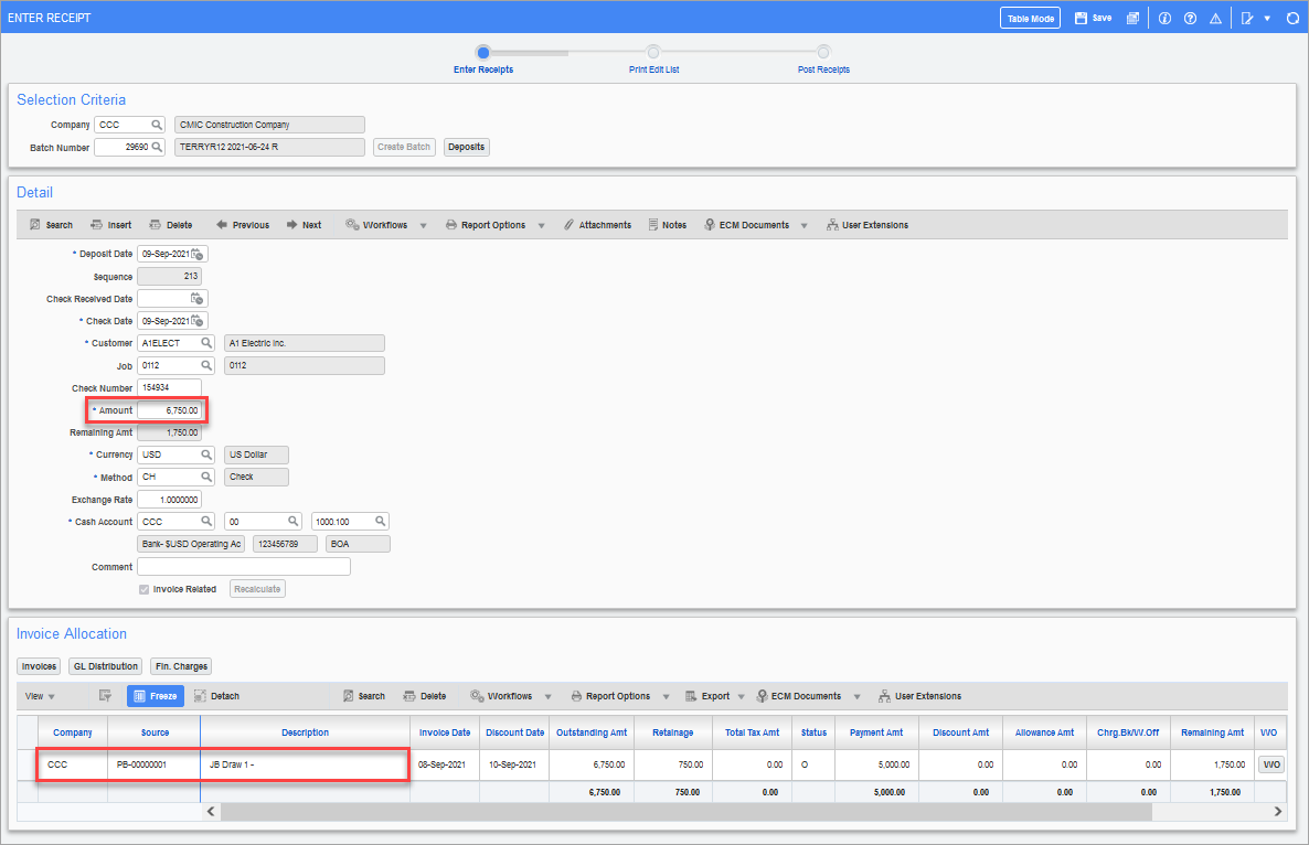 Example of the Enter Receipts screen on Accounts Receivable