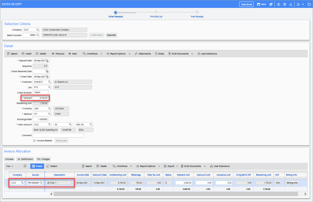 Example of the Enter Receipts screen on Accounts Receivable