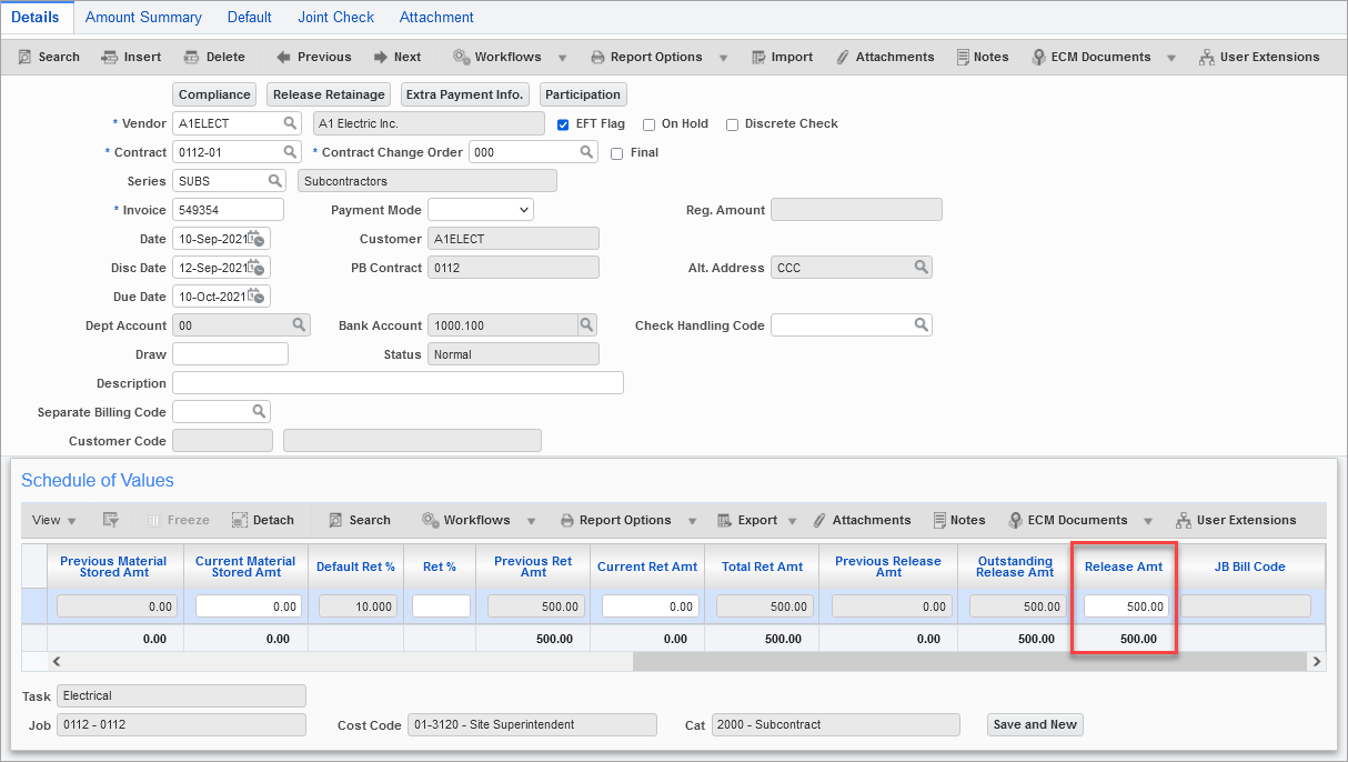 Example of the Release Amount column
