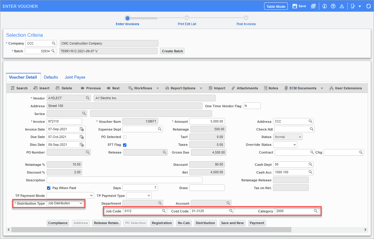 Sample of the Enter Invoices screen in AP