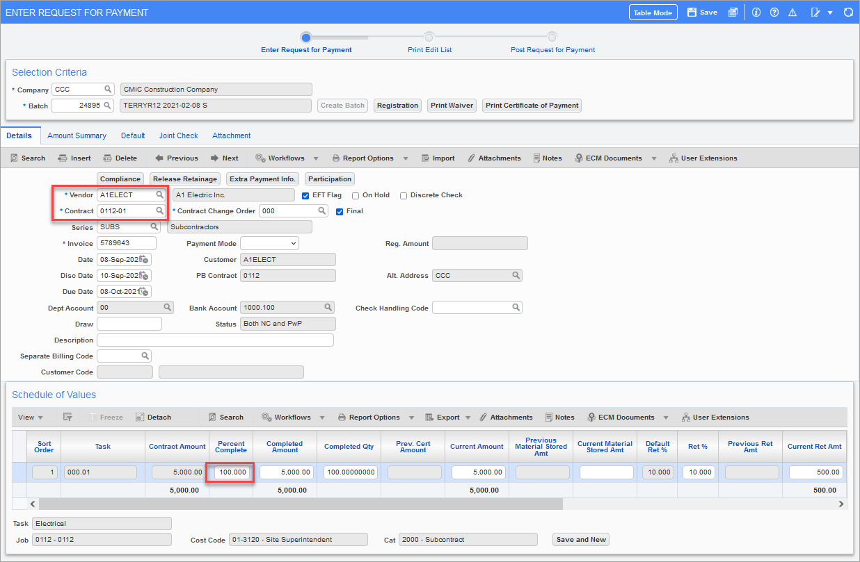 Example of the Enter Request For Payment screen