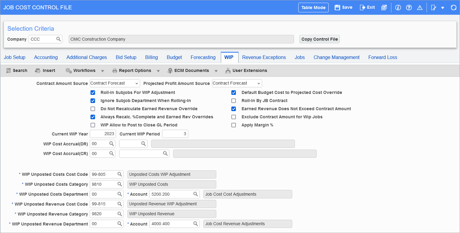 Example of the WIP Tab on the JC Control File