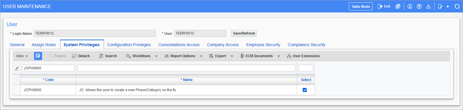 Example of the JCPHSINS System Privilege