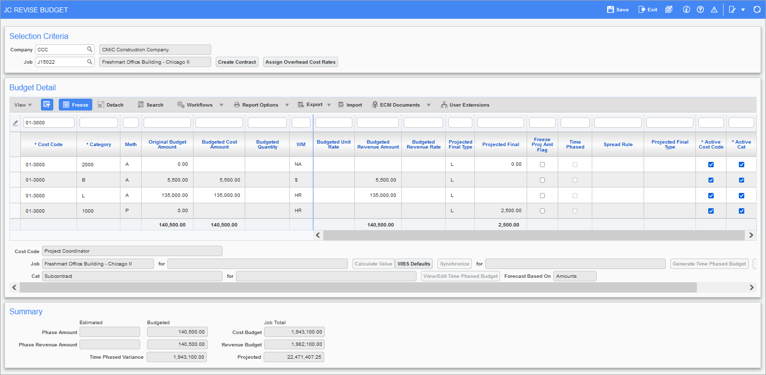 Sample of the JC Revise Budget screen