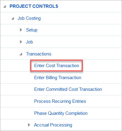Sample of the Enter Cost Transaction option on the Treeview