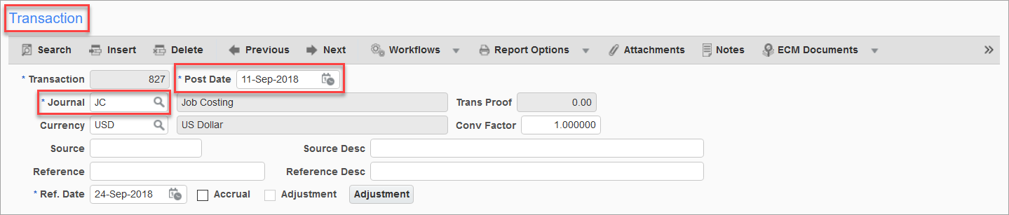 Sample of the Transaction section on the Enter Cost Transaction screen