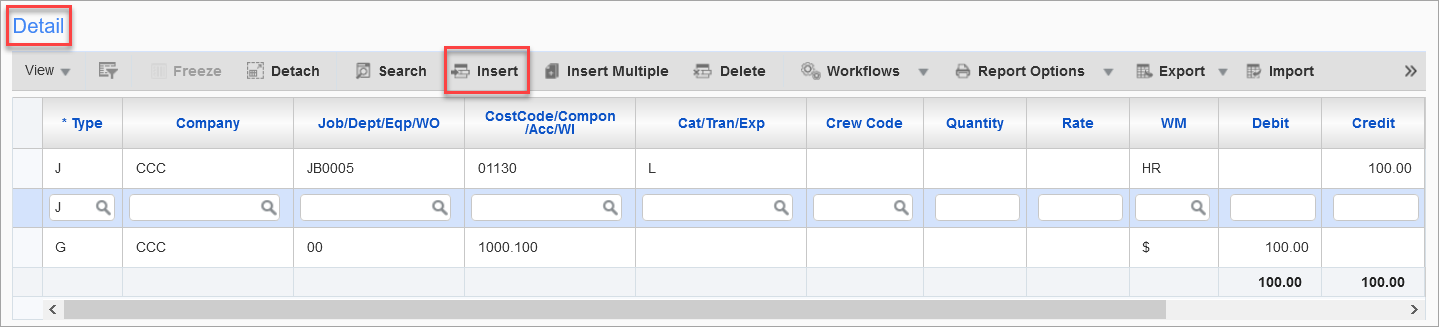 Sample of the Detail section on the Enter Cost Transaction screen