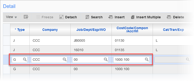 Sample of transaction lines on the Detail section