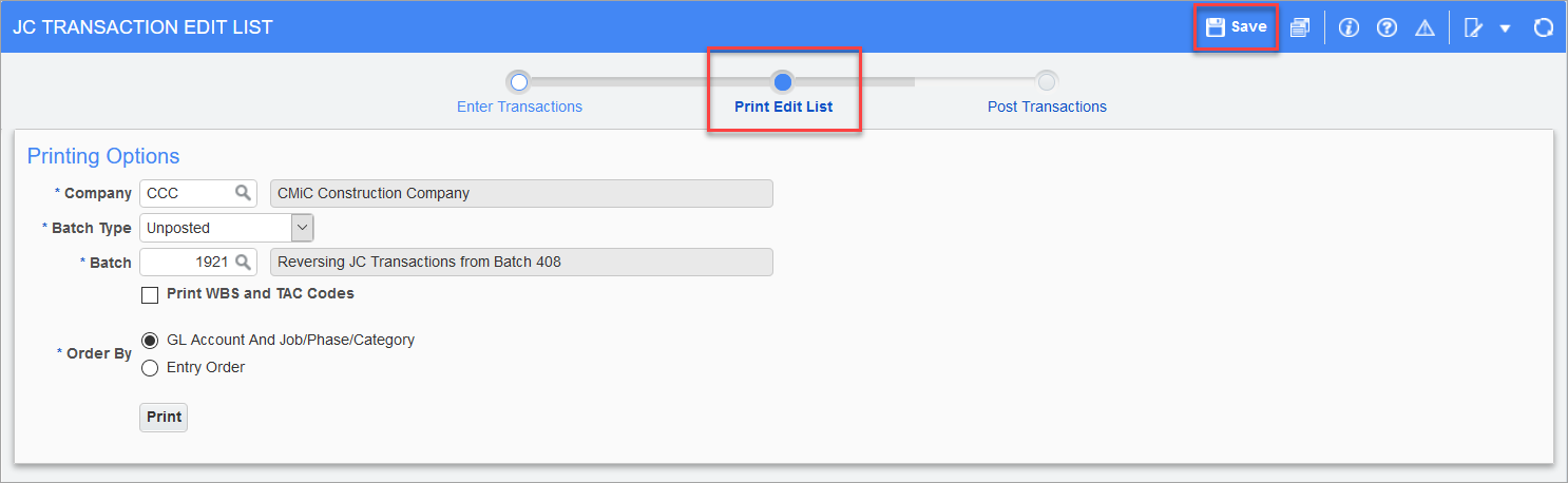 Sample of the JC Transaction Edit List screen