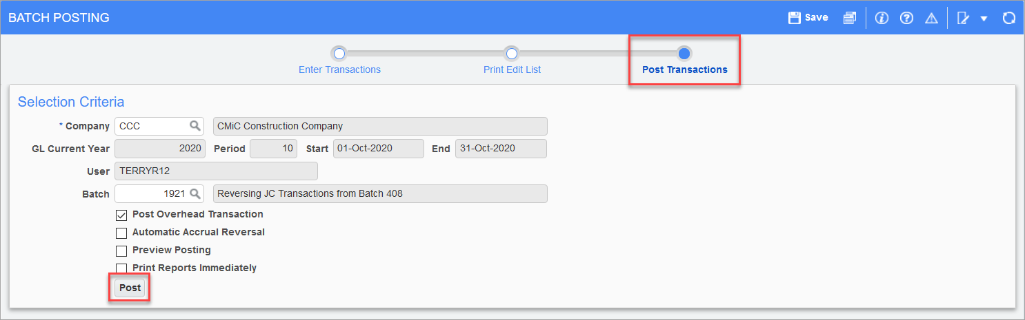 Sample of the Post Transactions screen