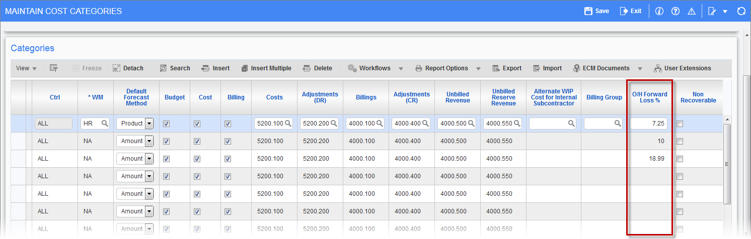 Sample of the Maintain Cost Categories screen highlighting the O/H Forward Loss % column