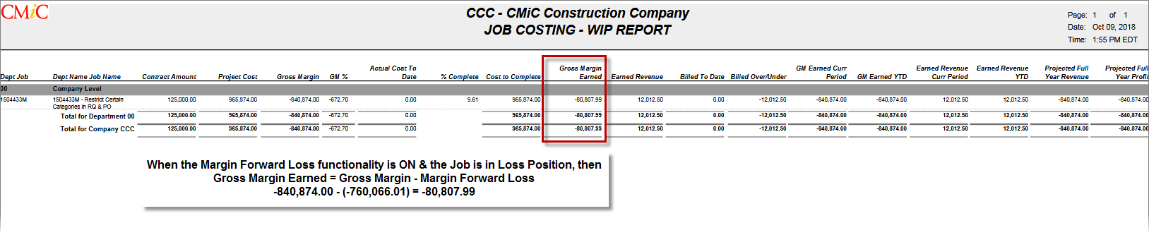 Sample of the JC WIP Report