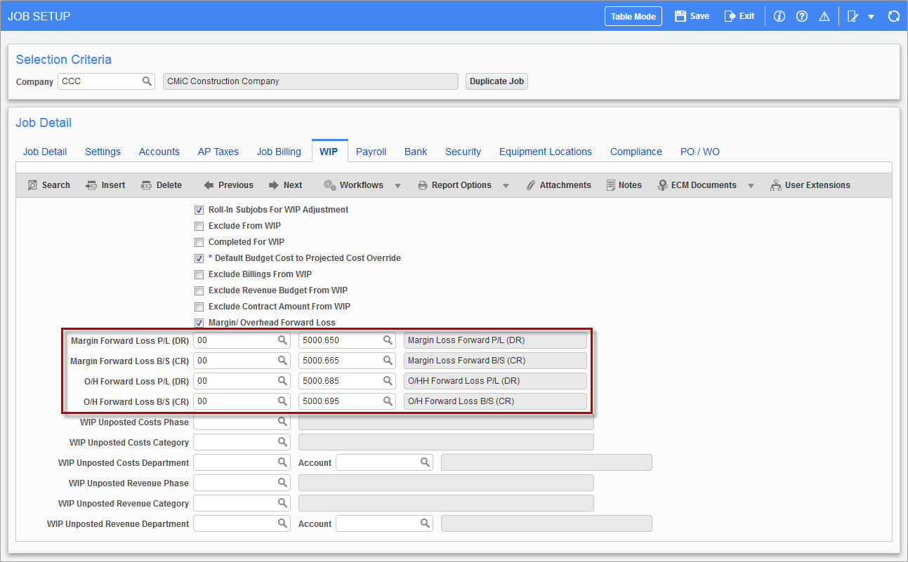 Sample of the Forward Loss fields on the WIP tab of the Job Setup screen