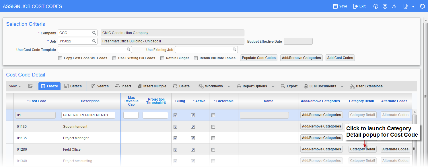 Sample of the Assign Job Cost Codes screen and the [Category Detail] button