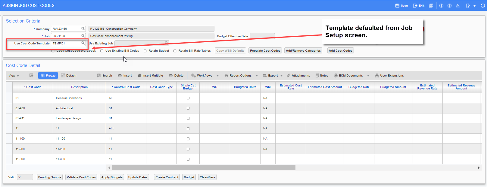 The value of the Use Cost Code Template field defaults from the Job Setup screen