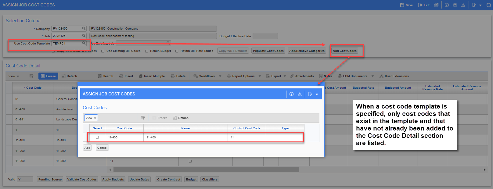 Example of the Add Cost Codes pop-up window