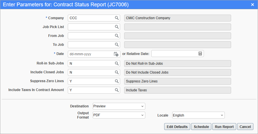 Screenshot of the Contract Status Report parameters screen