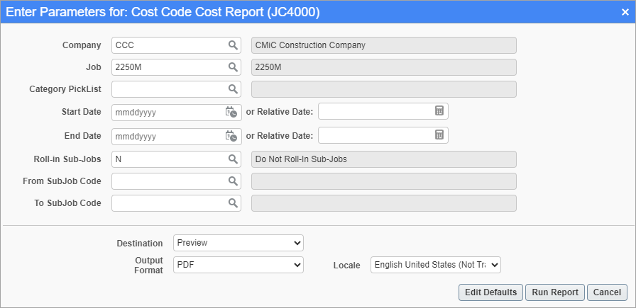 Screenshot of Cost Code Cost Report