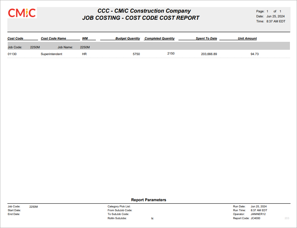 Image of Sample Cost Code Cost Report