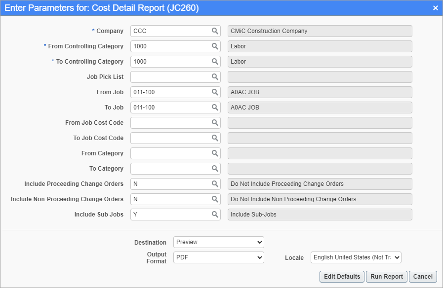 Screenshot of Cost Detail Report