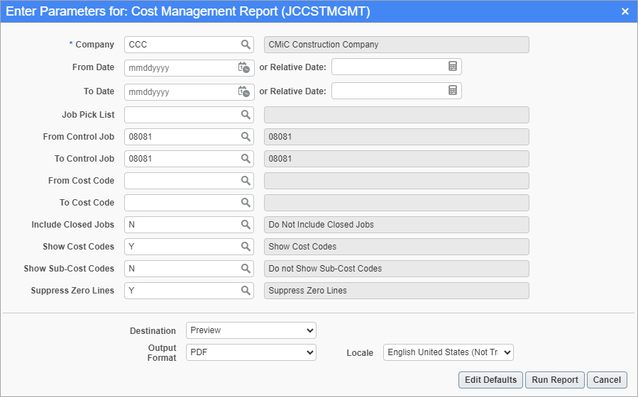 Screenshot of Cost Management Report