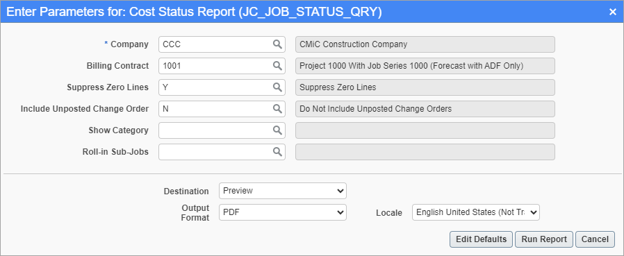 Screenshot of Cost Status Report
