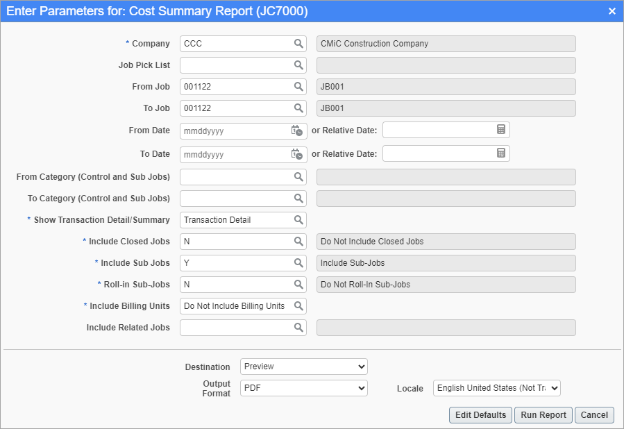Screenshot of Cost Summary Report