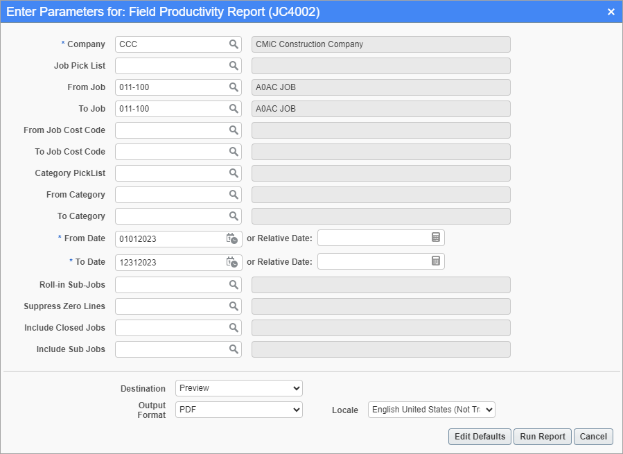 Screenshot of Field Productivity Report
