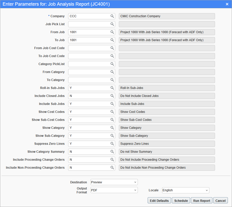 Screenshot of the Job Analysis report parameters screen
