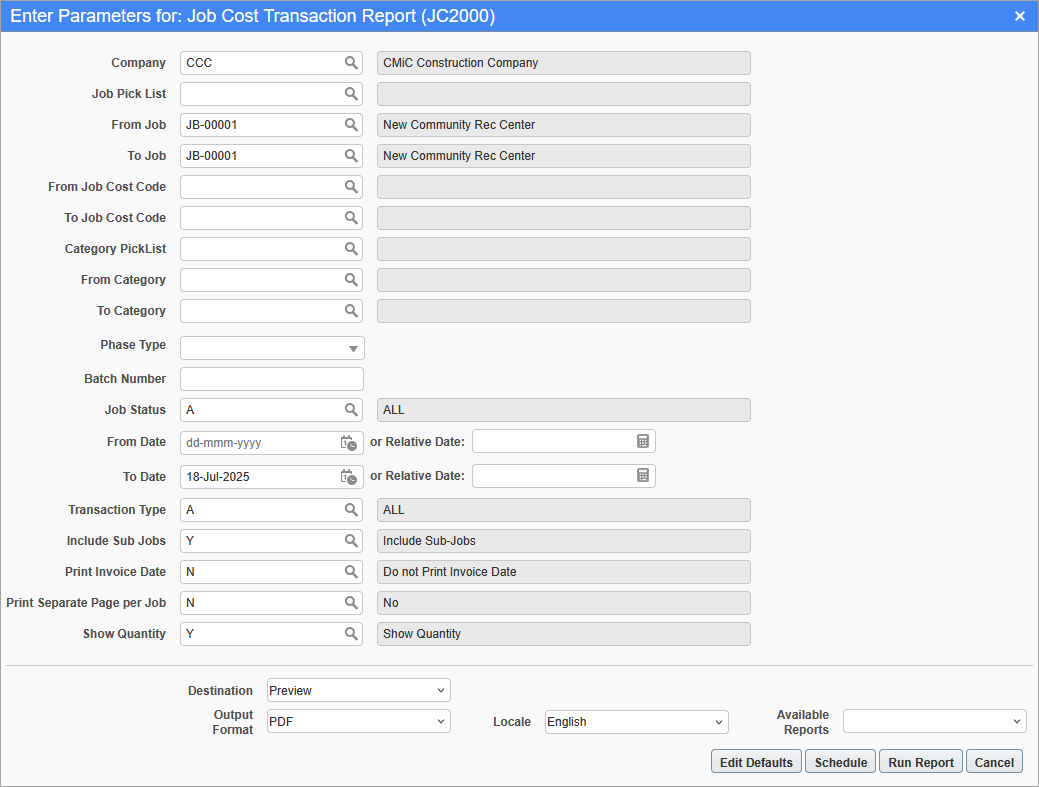 Screenshot of the Job Cost Transaction Report parameters screen