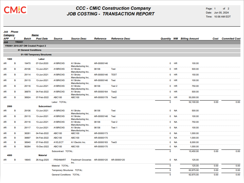 Image of Sample Job Cost Transaction Report 