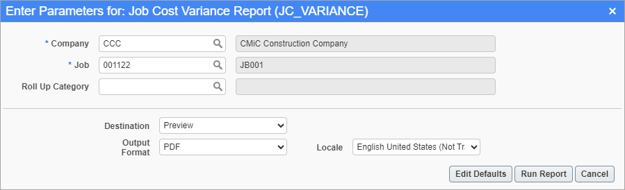 Screenshot of Job Cost Variance Report
