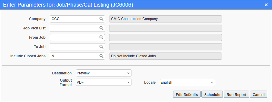 Screenshot of the Job/Phase/Cat Listing report parameters screen