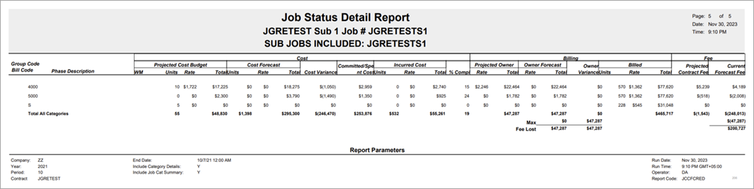 Sample of Job Status Detail Report