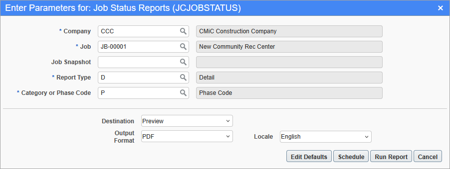 Screenshot of the Job Status Reports parameters screen