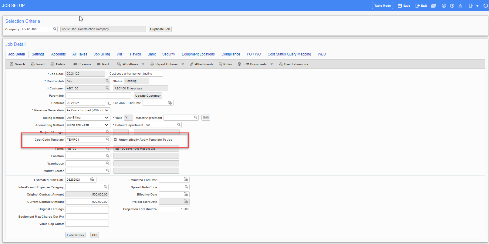 Example of assigning the cost code template to a job on the Job Detail tab of the Job Setup screen